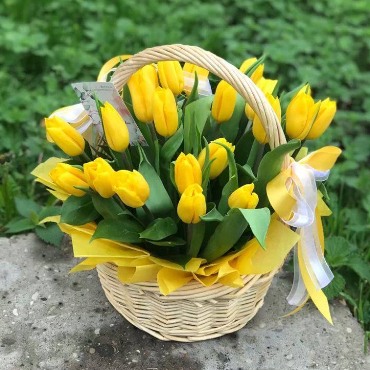 25 желтых тюльпанов в корзине в Тольятти