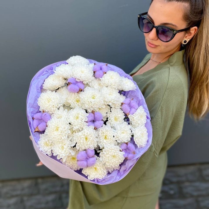  Букет  хризантем и хлопка в Тольятти