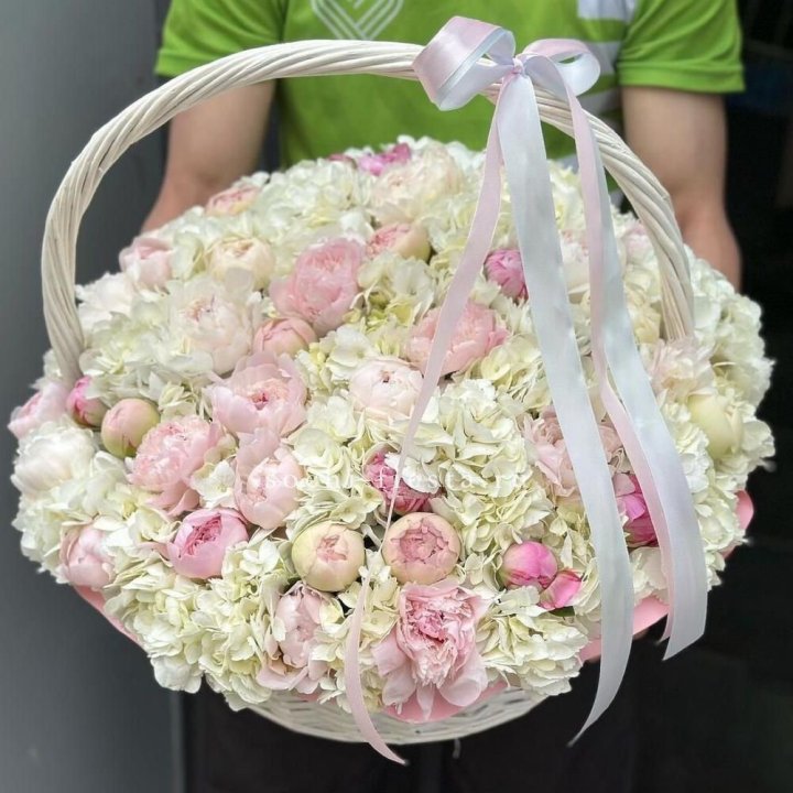 Премиум корзина гортензий и пионов в Тольятти
